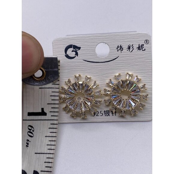 Elegant Womens Sunburst Earrings Zircon Detailing 925 Silver Post Gold Finish - Picture 3 of 8
